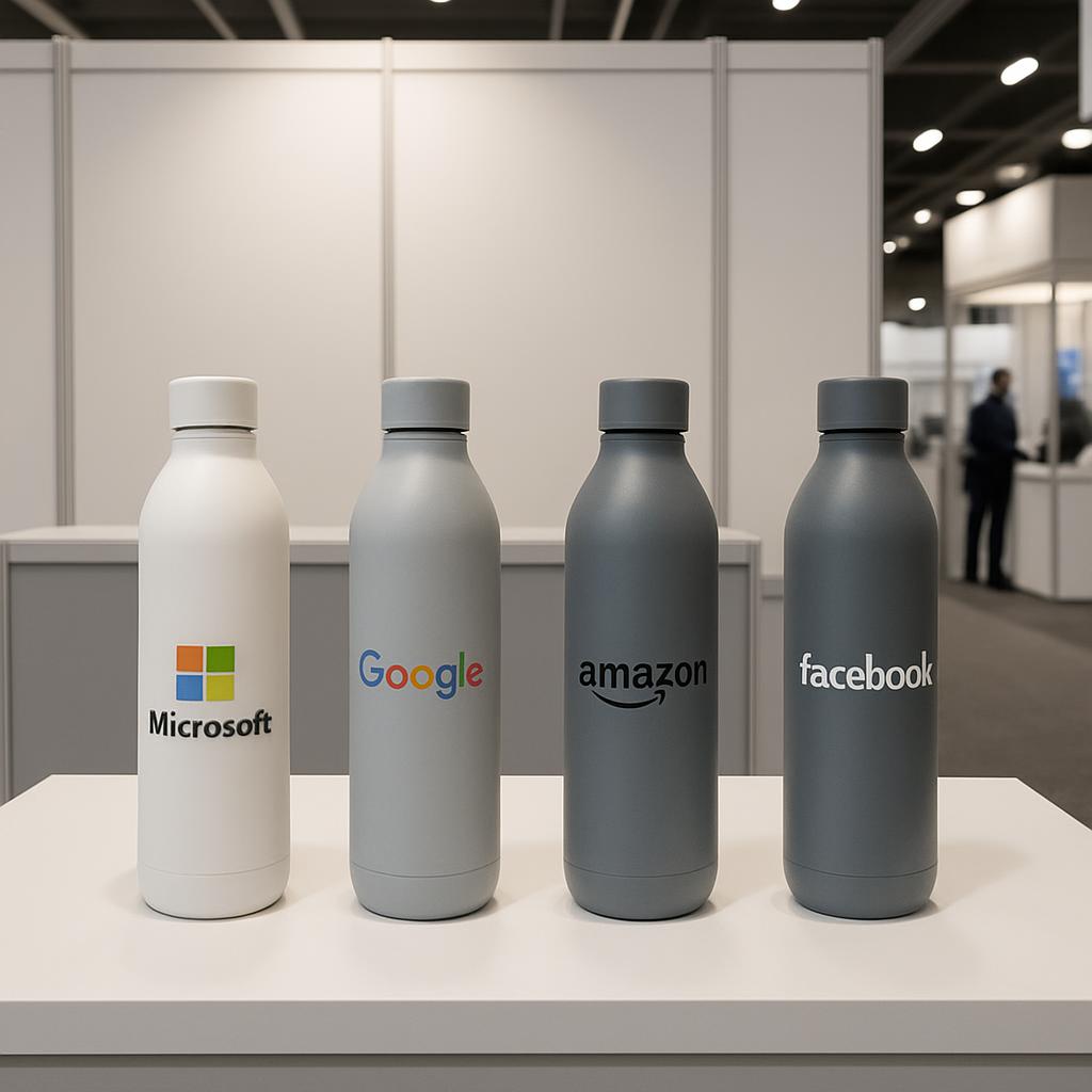 A collection of water bottles featuring the logos of prominent technology companies, on a table in a well-lit, predominant...