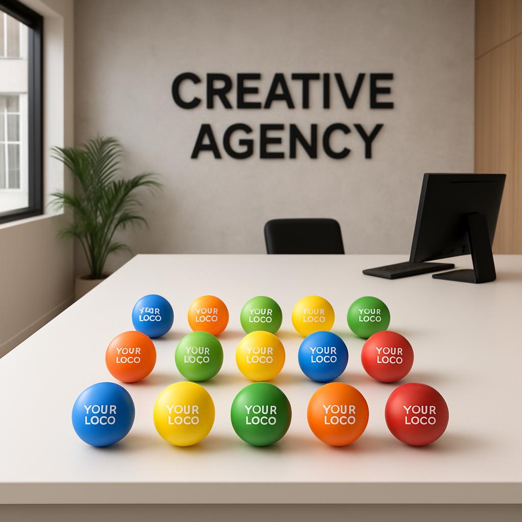 - A web-mockup image of a white table with colored balls in the foreground with a computer and chair in the background - S...